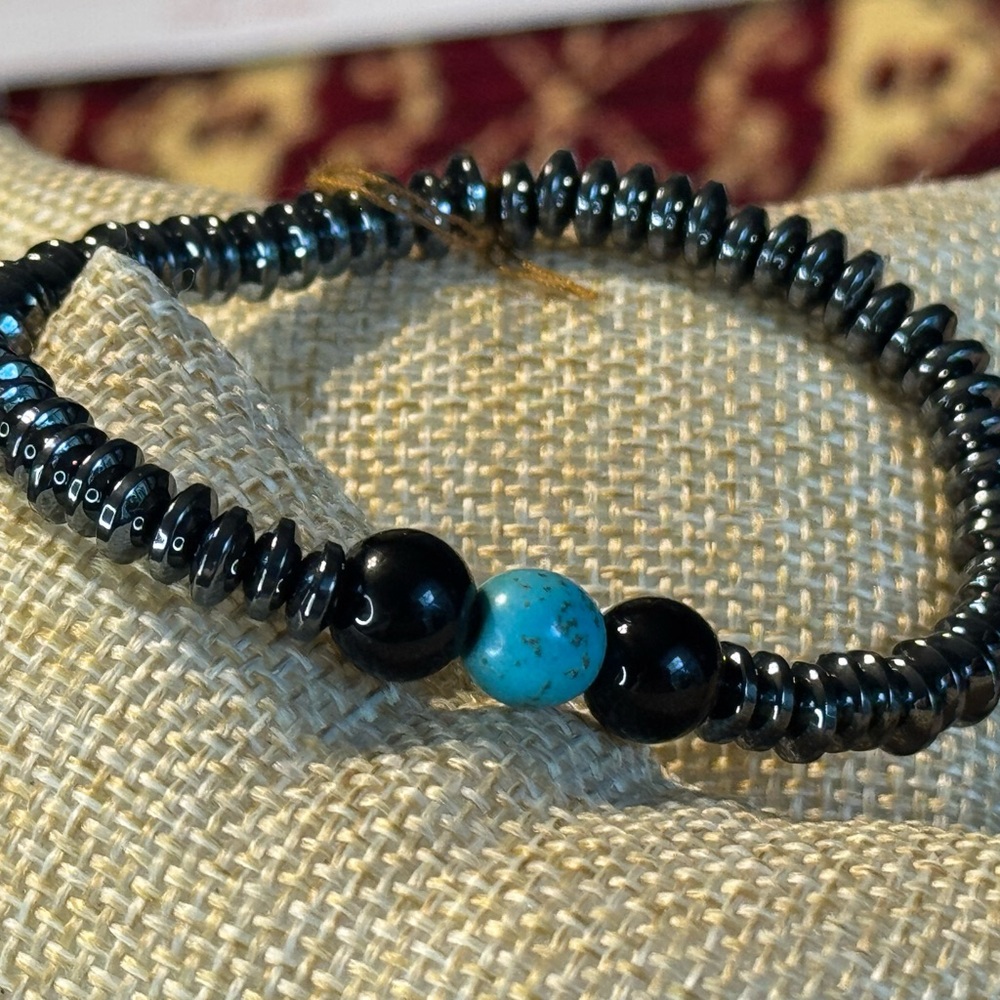 Elegant Black Hematite and Turquoise Unisex Beaded Bracelet